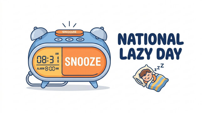 National Lazy Day, snooze button, alarm clock, sleepy, relaxation, morning humor, vector illustration