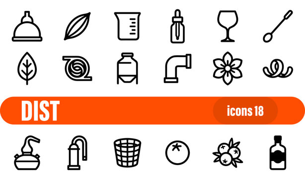 Distillery and Alcohol Production Outline Icon Set