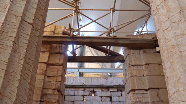 Restoration of Temple of Apollo Epicurius ruins at Bassae with columns and scaffolding
