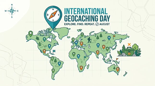 International Geocaching Day, World Map, Compass, Treasure Hunt