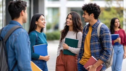 Obraz premium Diverse group of happy young students standing together and talking on campus.
