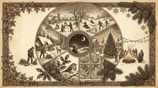 Vintage winter and holiday season circular illustration collage