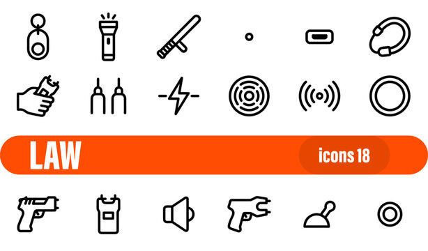 A collection of law enforcement and self-defense related line icons, featuring various tools and weapons for security concepts.