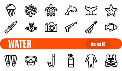 Set of 18 Marine and Underwater Activities Thin Line Icons © liubomir118809