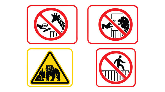 Zoo safety warning signs set, prohibited animal feeding and touching icons, wild bear danger alert, zoo rules vector collection