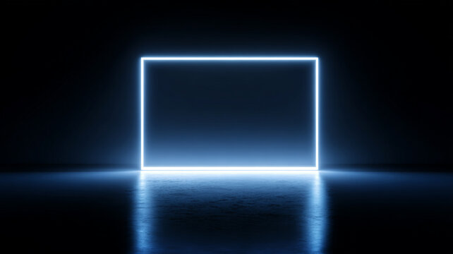 glowing neon frame floating in dark space, clean minimal tech background, large copy space