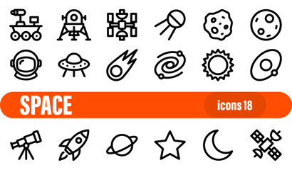 Diverse space objects line icon set. Editable stroke icons featuring planets, rockets, astronauts, and celestial phenomena. © liubomir118809