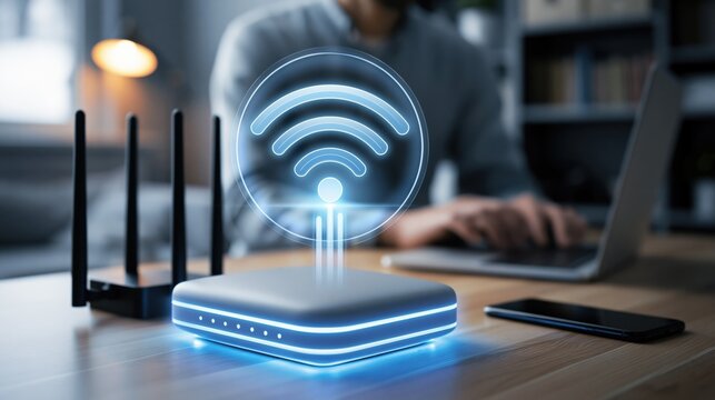 Modern Wi-Fi router glowing with digital signal on desk, symbolizing fast internet connection with laptop and person in background