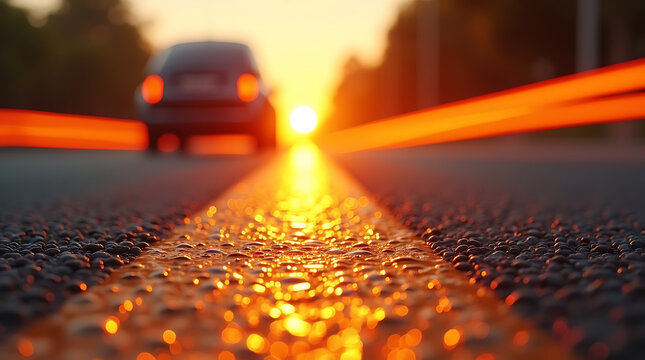Close up of wet yellow traffic line on asphalt road with a blurred vehicle driving into sunset