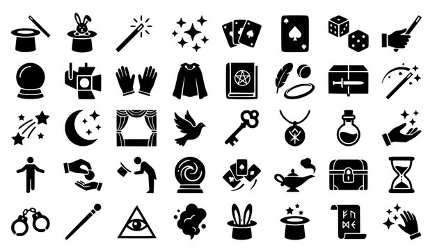 Magician Top Hat and Magic Wand Silhouette Icon Collection Vector Illustration