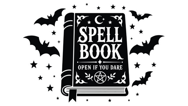 Halloween spell book with bats and stars, vintage magic book illustration, vector graphic design element for spooky holiday decorations