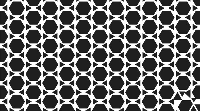 Seamless monochrome geometric pattern with black octagons and triangles on a white background
