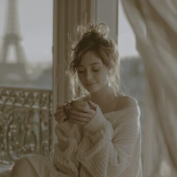 The same young French woman from the character reference, soft loose messy bun with delicate face-framing strands, oversized cream knit sweater, sitting beside a Paris apartment window, holding a cera