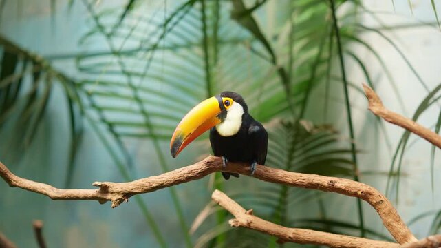 Curious toco toucan perching on a tree branch