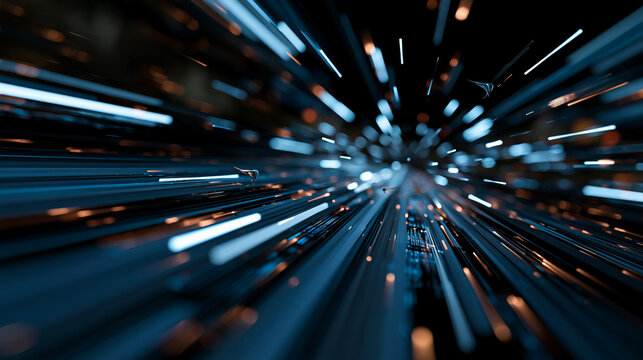 Abstract digital light speed tunnel technology background with blue and orange glowing lines