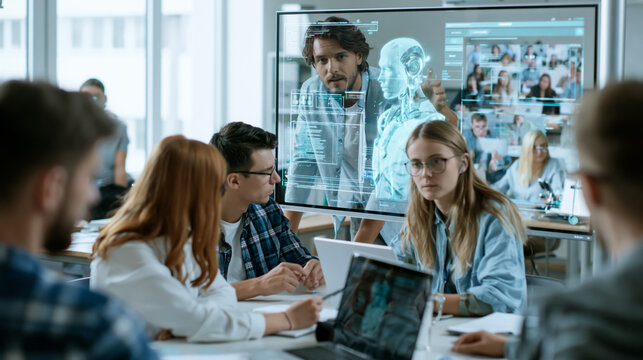Students Learning with AI Hologram Teacher in Modern Classroom