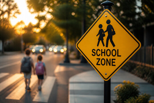 Two children walk near a yellow school zone sign on a street at sunset.