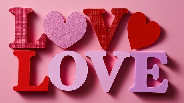 Colorful Wooden Letters and Hearts Spelling Out 'LOVE' on a Pink Background, Celebrating Romance and Affection