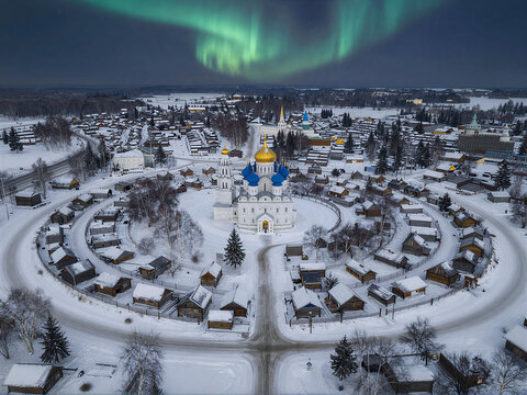 Snowy taiga circular Russian old town
