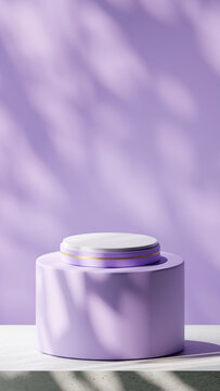 A luxurious podium in Light Lavender with Gold stripe. Placed on a Rounded board over Base cement texture with Light Lavender backdrop. Nature gobos light