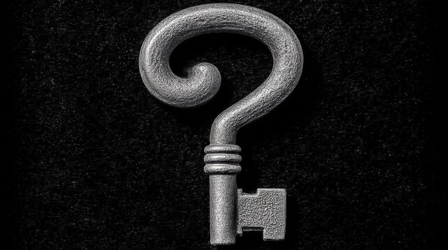 Intricate antique ornate key with question mark head symbolizing mystery and solutions
