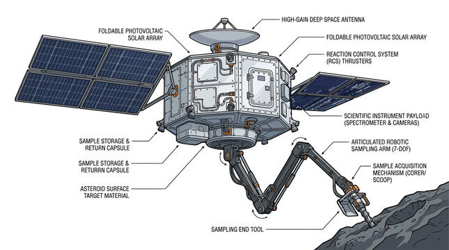 Robotic spacecraft sampling surface material from an asteroid