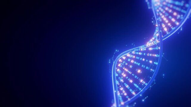 A visually striking digital DNA double helix, glowing blue and purple,complex genetic algorithms and advanced computing concepts. Connected nodes depict data flow, bioinformatics, and