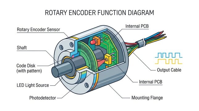 Cross section diagram of rotary encoder sensor showing internal components and signals.