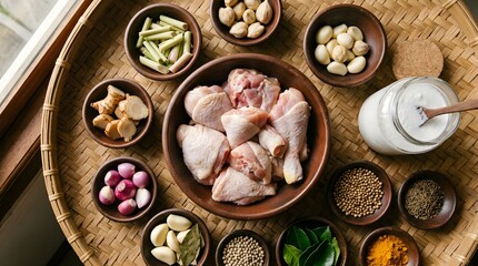Fototapeta premium Top down view of dynamic raw cooking components featuring raw chicken thighs, coconut milk cream, turmeric powder, cumin, coriander seeds, and shallots on a wicker tray background.