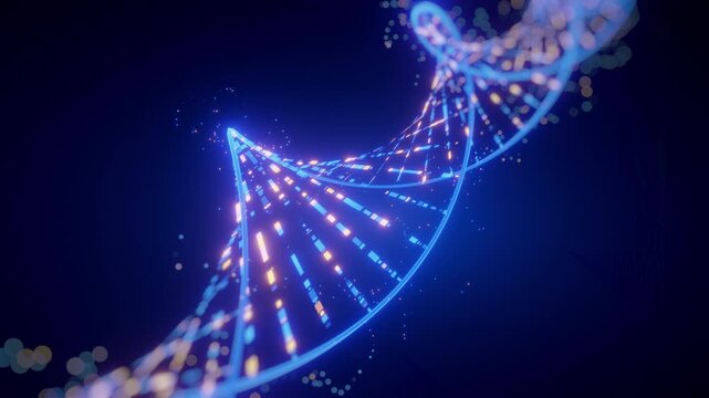 A luminous digital DNA double helix, glowing with vibrant blue and orange data patterns against a dark background, embodies genetic computing algorithms and complex data processing. This abstract