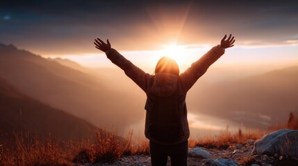 Fototapeta premium Person with arms raised in celebration and joy at sunrise over mountain landscape