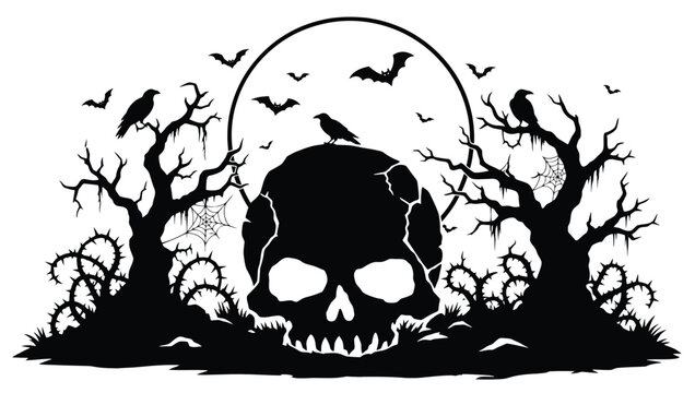 Halloween skull with spooky trees, ravens, bats and spider webs vector illustration of a haunted forest scene for holiday decoration, party invitations, or gothic art projects