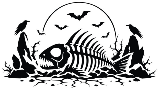 Halloween illustration with fish skeleton, ravens, bats and full moon spooky vector graphic design for tshirt print, sticker, or holiday decoration