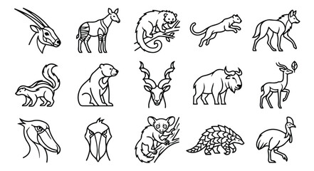 Minimalist wild animal line icons, set of 15 black outline wildlife vector illustrations, modern zoo and nature conservation graphic elements © ALI