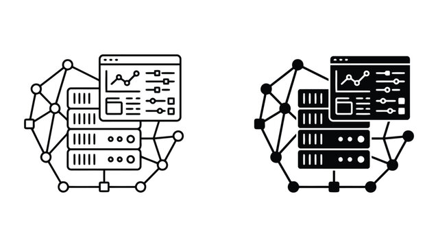 Database server network analytics icon set with database analytics dashboard