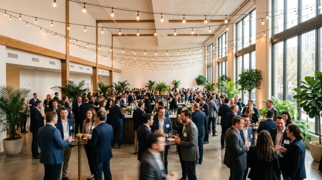 Large corporate networking event with professionals socializing in a modern bright event space