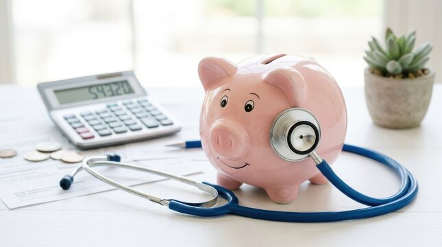 Healthcare finance concept pink piggy bank with stethoscope and financial tools