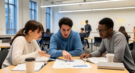 Fototapeta premium Diverse university students collaborating on a project in a modern classroom.