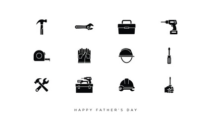 Fototapeta premium Minimalist black father's day tool icons set with hand and safety gear for celebration greeting with monochromatic collection twelve stylized icons