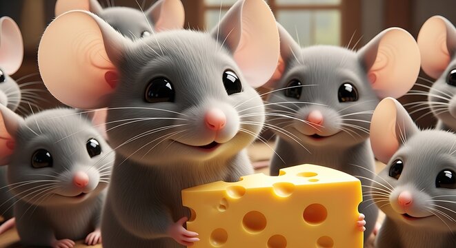 Cute Gray Mice Gathered Around Yellow Cheese in Warm Indoor Setting