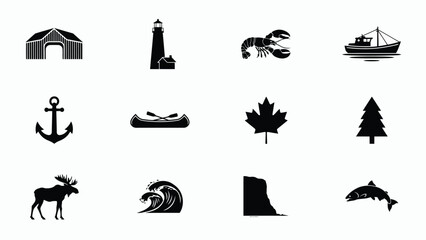Fototapeta premium Black and white coastal and wildlife symbolic icons collection set of ten illustrations with all rendered bold silhouette style against plain background