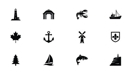 Obraz premium Black and white minimalist coastal and maritime symbol collection with iconic elements with all rendered bold silhouette style against plain background