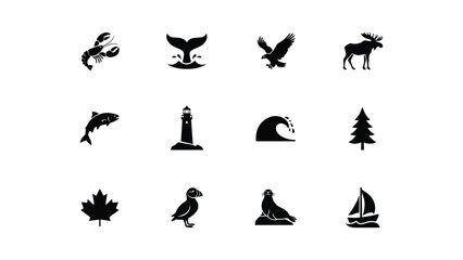Fototapeta premium Minimalist black silhouette icons featuring coastal wildlife nature with flat design style against neutral background alongside maritime symbols such lighthouse