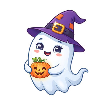 Cute ghost with a pumpkin and witch hat, ready for Halloween celebrations