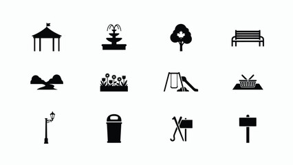 Fototapeta premium Minimalist black park recreation icon set featuring pavilion bench playground with flat design style modern aesthetic uniform spacing versatility digital projects