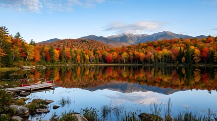Obraz premium Autumn Foliage Reflects in a Serene Mountain Lake with Dock.