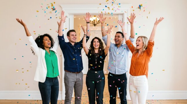 Diverse team celebrating success with confetti indoors business achievement concept