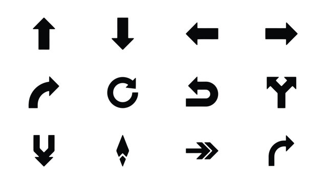 Modern minimalist directional arrow icons set featuring straight curved and split arrows on clean white background with circular arrows against plain white backdrop sleek