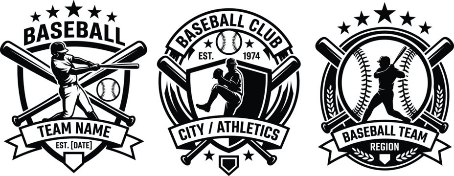 Set of black and white vintage baseball logos emblems and badges for sports team apparel design