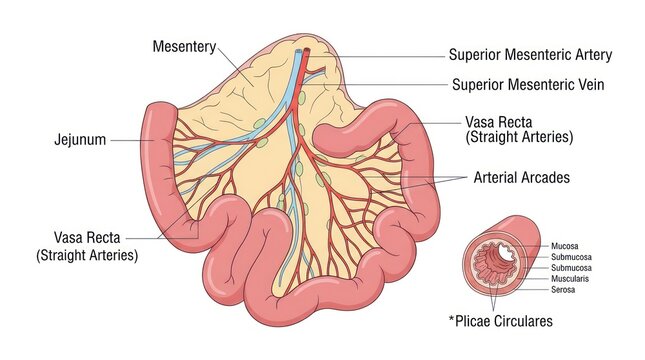 Vascular supply of jejunum featuring superior mesenteric artery and vasa recta arrangement.